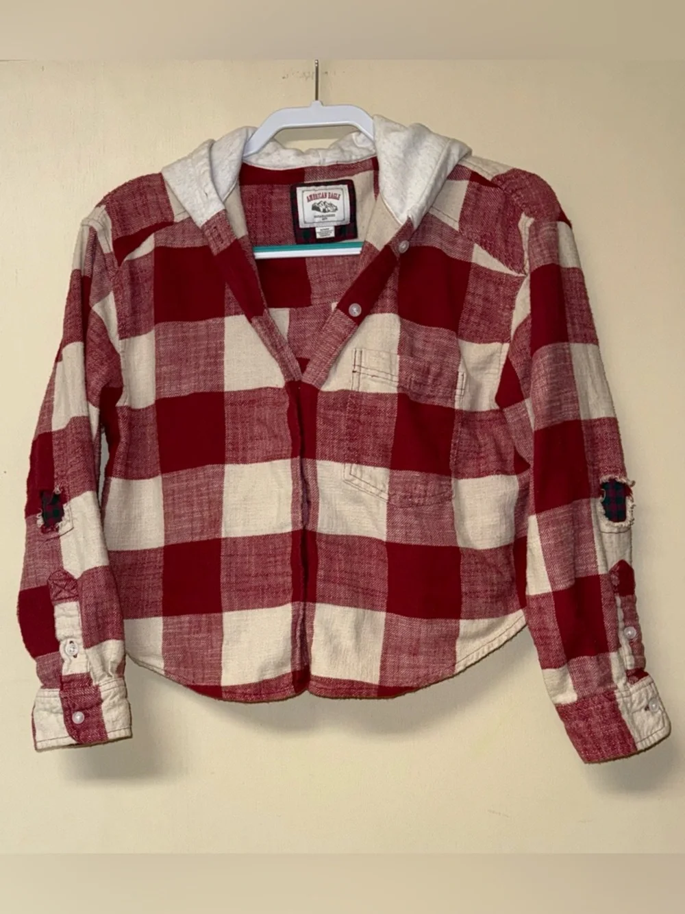 American Eagle Outfitters Red & Cream Plaid Hooded Button-Down - Cropped - Picture 1 of 8